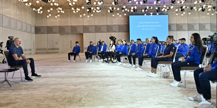 President of Azerbaijan Mr. Ilham Aliyev and First Lady Mrs. Mehriban Aliyeva receive athletes who achieved results at the 5th Islamic Solidarity Games