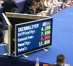 AN AZERBAIJANI GYMNAST PERFORMS IN THE EUROPEAN CHAMPIONSHIPS IN MILAN